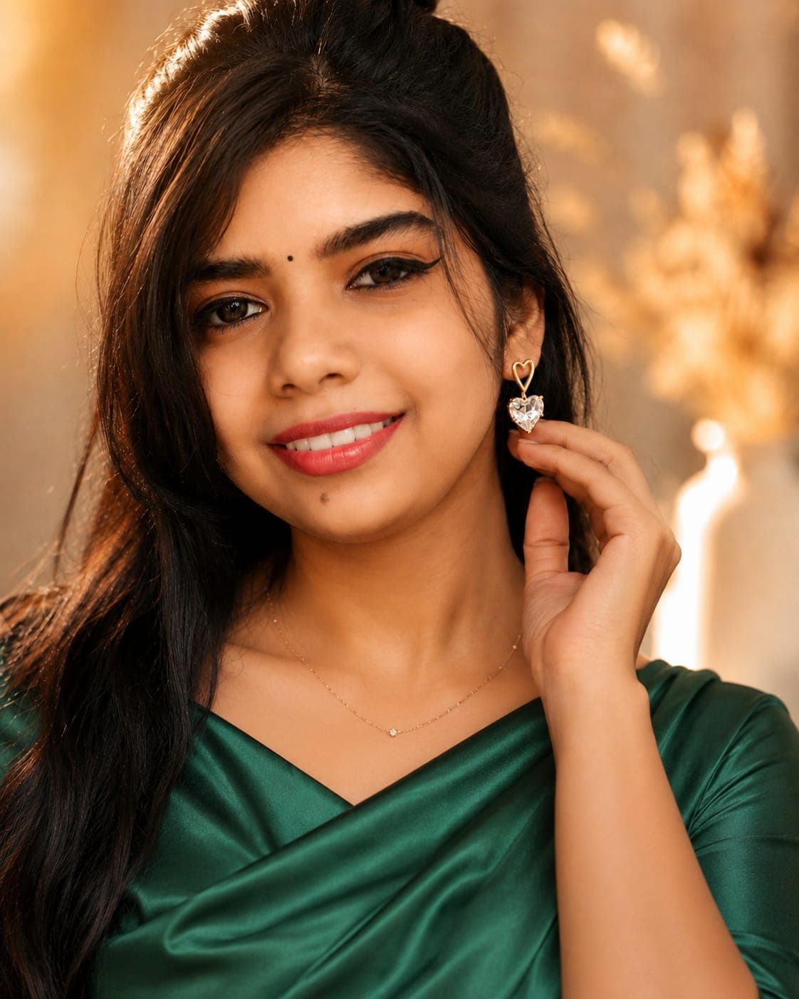 Crystal heart drop earrings worn with a green saree